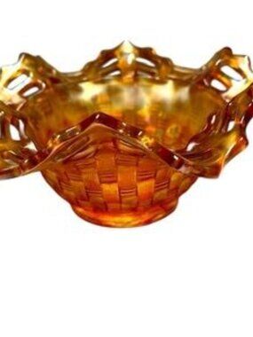 Fenton Carnival Glass bowl, basket weave open lace ruffled edge. Vintage